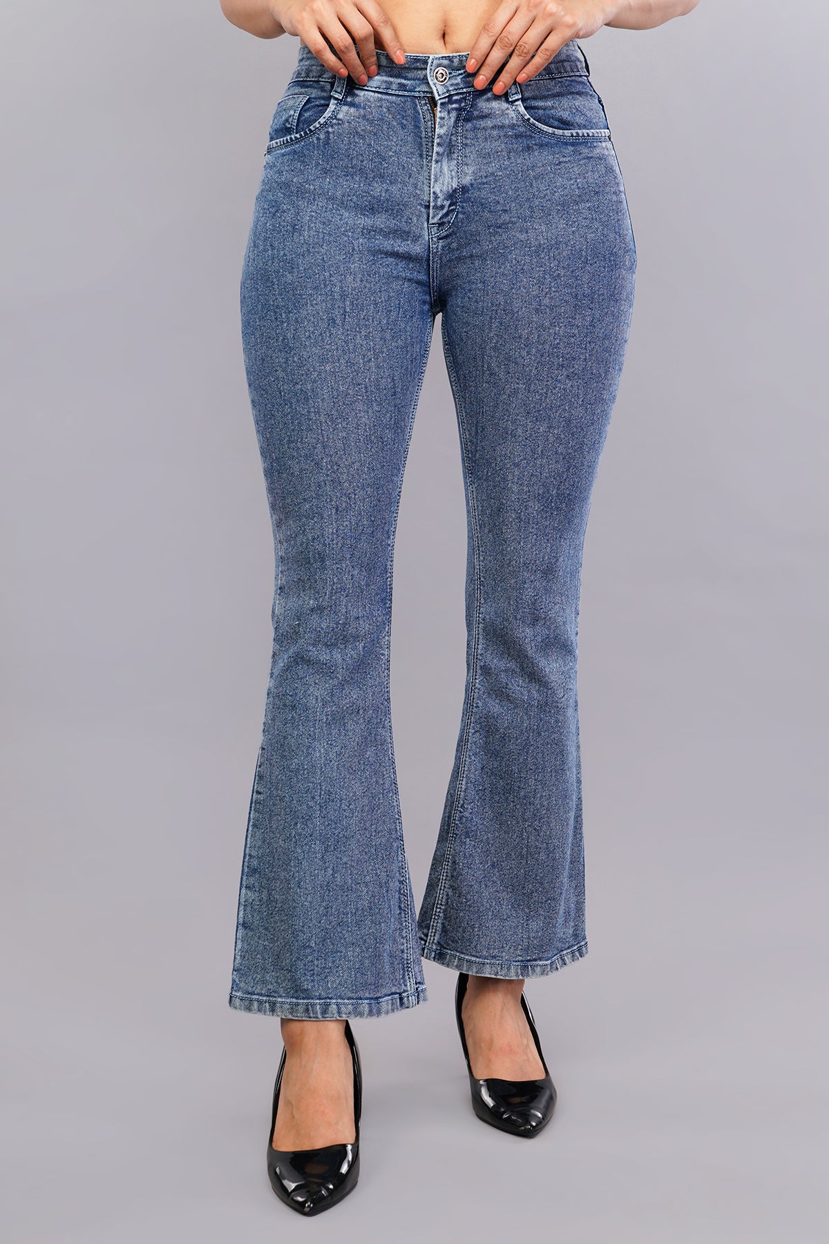 Blue Textured Washed Bell Bottom Jeans