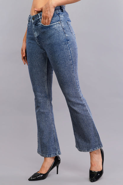 Blue Textured Washed Bell Bottom Jeans