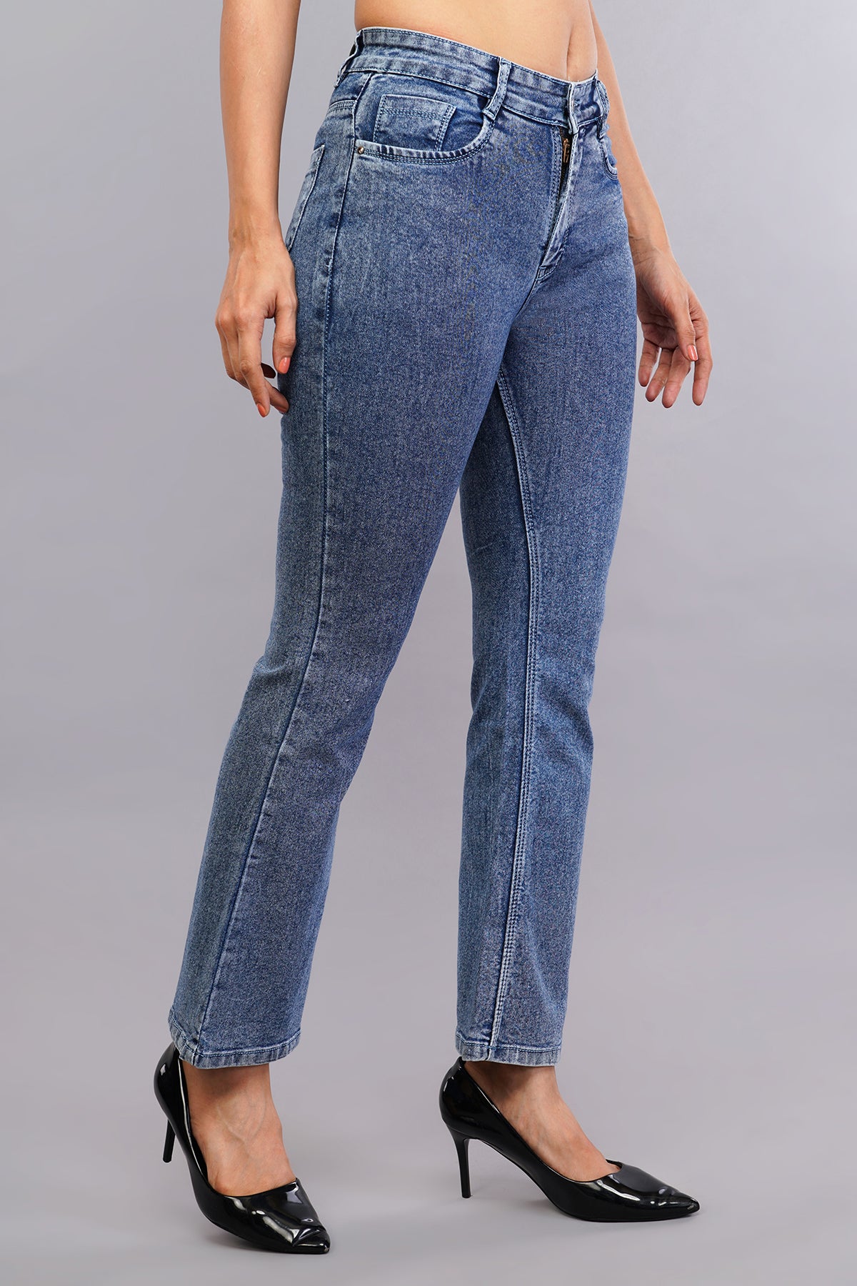 Blue Textured Washed Bell Bottom Jeans