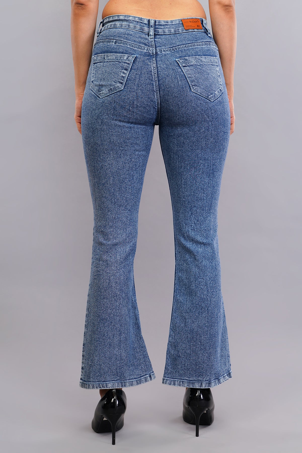 Blue Textured Washed Bell Bottom Jeans