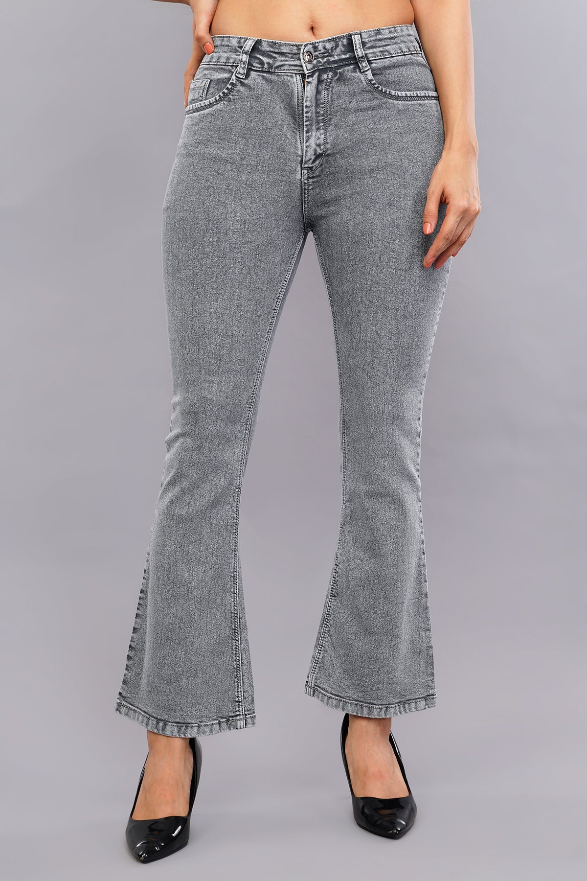 Light grey Texture Washed Bell Bottom Jeans