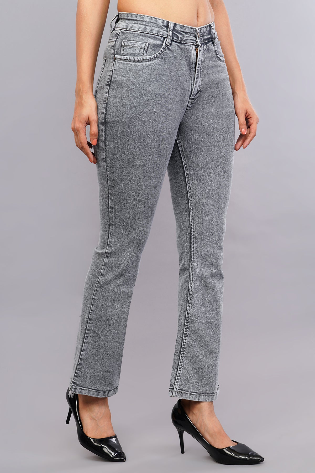 Light grey Texture Washed Bell Bottom Jeans